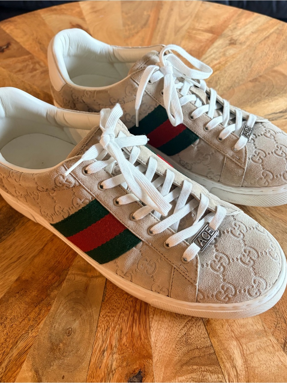 Gucci Beige Suede Ace Sneaker with Green and Red Web